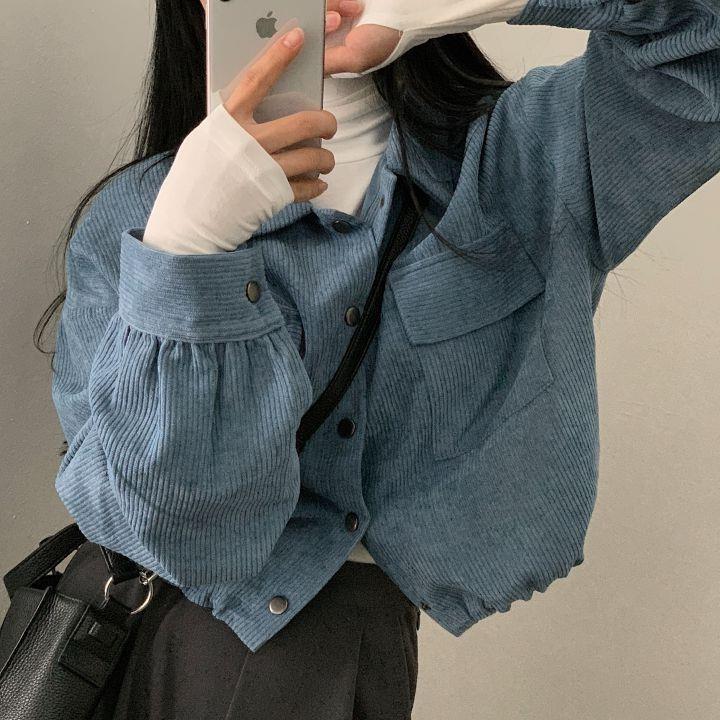 South Korea Chic Loose All-Match Single-Breasted Lapel Short Corduroy Shirt Drawstring Jacket Women'S Trendy - Image 3